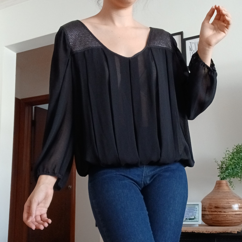 ⚡️SALE⚡️Black Balloon Sleeve Billowy Blouse with Sequin Detail by Max Studio